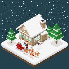 Isometric 3d Santa claus bring a gift to house by his six reindeers and sleigh in Christmas theme, Illustration flat vector design.