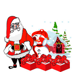 Christmas Day holidays greeting card. Santa Claus and snowman gift boxes . Xmas and New Year festive design.