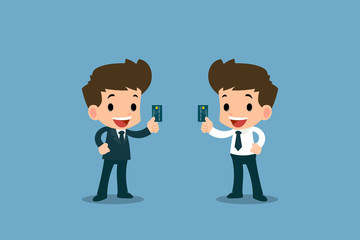 Happy businessman showing his platinum credit card, financial vector art design concept.