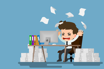 Businessman stress at the desk by a lot of work. Flat vector illustration design of employee character with stack of paper working very hard with the personal computer.