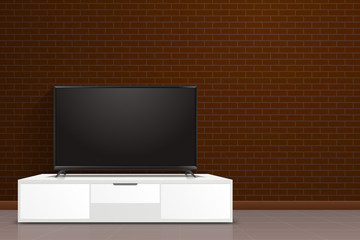 Realistic smart TV screen in modern style lcd, led panel. A huge blank display television mockup in front of brick wall.