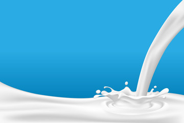 Realistic white milk pouring down and splash on blue background. Vector illustration design. - obrazy, fototapety, plakaty