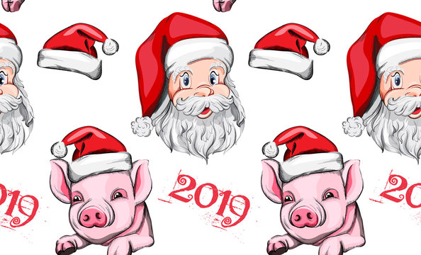 Pig year pattern Vector background. Santa Claus and cute pink pigs 2019 decor