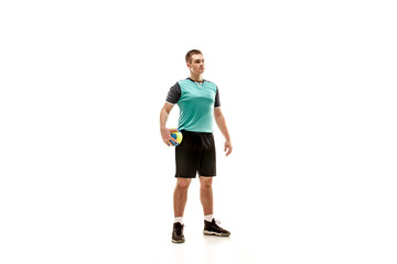 Fototapeta na wymiar The fit caucasian young male handball player at studio on white background