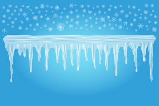 Icicles with snowflakes, ice caps on blue background. Winter season. Christmas and New Year time. Vector illustration. Design element.