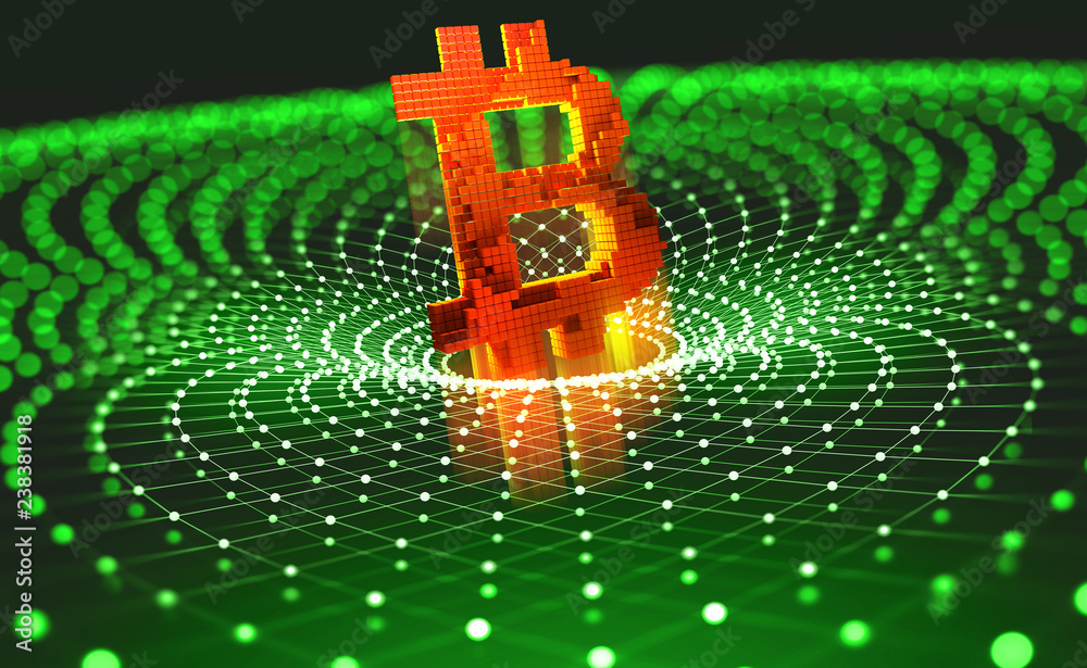 Aufkleber Bitcoin symbol on polygonal light grid. Concept of cryptocurrency mining. 3D illustration on a technological background