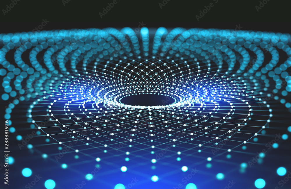 Poster Technologies of the future. Information funnel. Global network. Polygonal light grid. 3D portal illustration with shallow depth of field