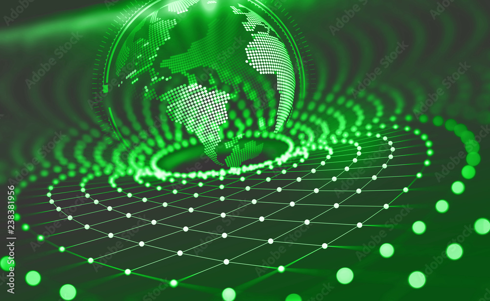 Aufkleber Planet Earth in the era of digital technology. Global communication networks of future. Data storage system. 3D illustration of Artificial Intelligence