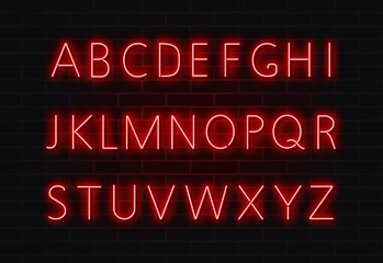 Fototapeta na wymiar Neon font vector. Light alphabet text sign set. Glowing night font for bar, casino, party. Red wall 