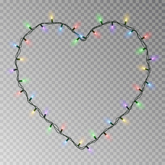 Christmas lights heart vector. Transparent light garland isolated on transparent background. Realist - 238382198