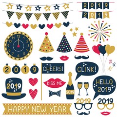 Naklejka premium New Year 2019 party props and bunting set