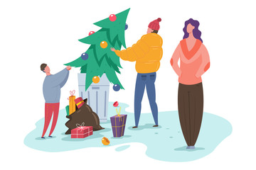 Family throws a Christmas tree in garbage bin. Vector cartoon illustration of recycle waste.