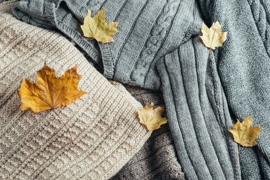 Warm winter sweaters with dry leaves top view