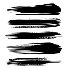 Black abstract textured long thick paint strokes isolated on white background