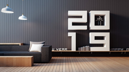 2019 Happy new year Living room interior / 3D render interior