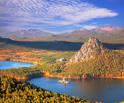 Beautiful autumn landscape. Borovoe lake, Zhumbaktas and Okzhetpes rocks in Burabay National park, Kazakhstan.