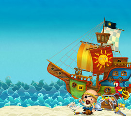 Naklejka premium Kreskówka scena plaży w pobliżu morza lub oceanu - kapitan piratów na brzegu i skrzynia skarbów - statek piracki - ilustracja dla dzieci