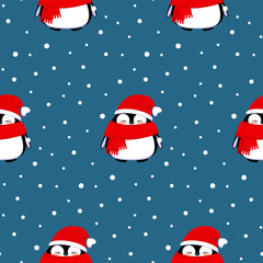 Christmas penguin in red Santa Claus hats and scarfs seamless pattern.