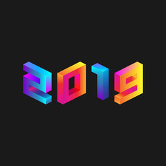 2019 New Year card with bright neon 3d figures on black background.