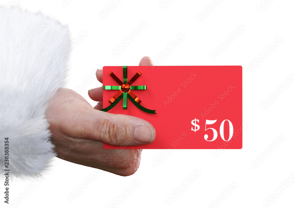 Wall mural Man holding out a $25.00 gift card mock up in a Santa Christmas costume on a white background with room for text or copy space. 3d rendering 