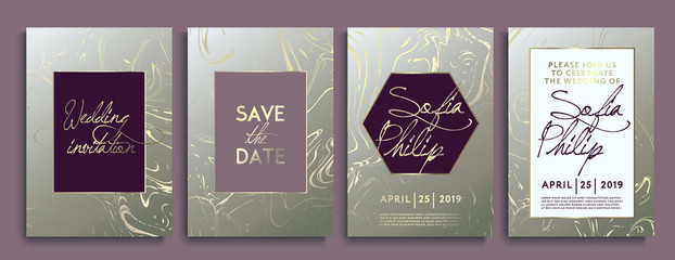 Wedding invitation cards with marble texture background and gold geometric line design vector. Wedding invitation frame set