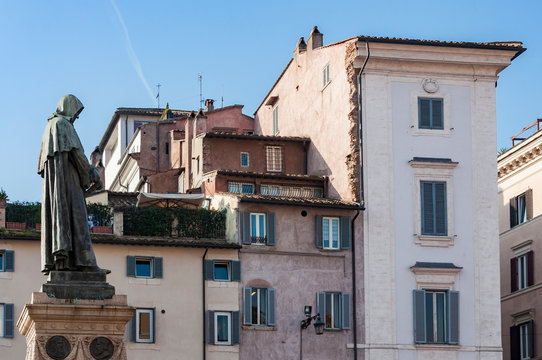 Giordano Burno's statue in Piazza Campo de 'Fiori, Field of Flowers Square. Rome, Italy.