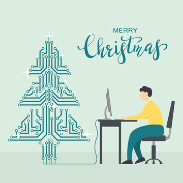 Man with Computer and Digital Christmas Tree