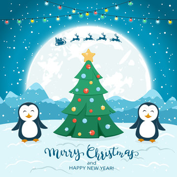 Christmas Tree with Happy Penguins and Santa on Blue Background