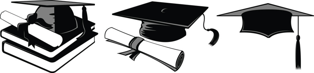 Graduation cap and diploma vector silhouettes. Three graduation caps near rolled diploma. - obrazy, fototapety, plakaty