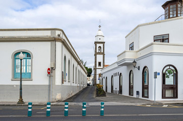 Typical street Calle Manuel Miranda with San Gines church in Arrecife, Lanzarote