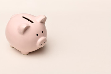 Pink piggy Bank stands on a gray background with a shadow. Horizontal photography