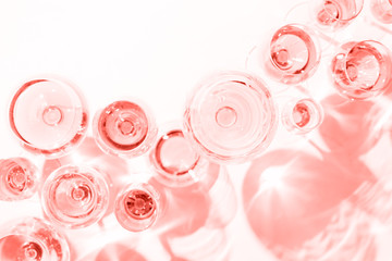 Many glasses of rose wine at wine tasting. Concept of rose wine and variety . Living coral theme -...