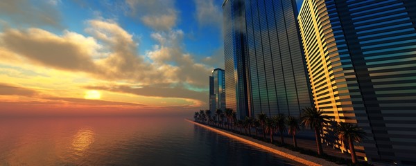 Skyscrapers on the sea, modern high-rise buildings on the ocean at sunset,
3d rendering