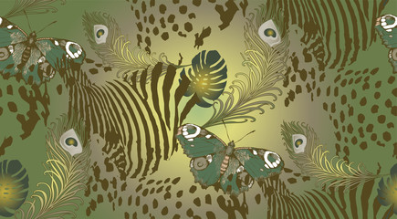 Pattern of peacock feathers, leaves and butterflies. Vector illustration. Suitable for fabric, wrapping paper and the like
