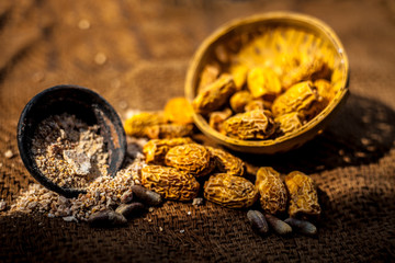 Close up of raw dried organic kharek or dried dates or Phoenix dactylifera with its powder in a black colored clay bowl.
