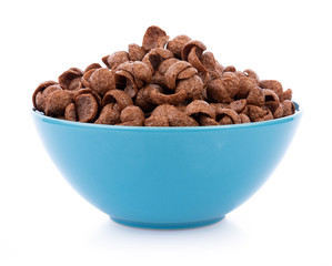 chocolate cereals in bowl on white background. Cornflakes