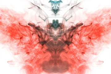 Soaring translucent smoke, evaporating upward in waves, repeating the movement of air in red and orange, with gray lines twisting and solidifying into abstract forms and patterns on a white background