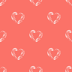 Abstract seamless vector background with hearts in Living Coral color.