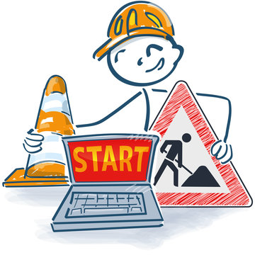 Strichm&auml;nnchen mit Laptop ein Stra&szlig;enh&uuml;tchen und Bauschild