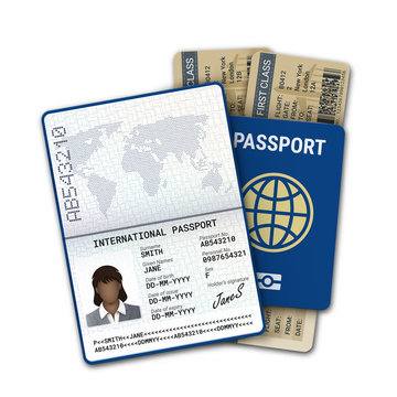 International passport and airline boarding pass ticket. Passport template of the black woman with biometric data identification, sample of photo, signature and other personal data