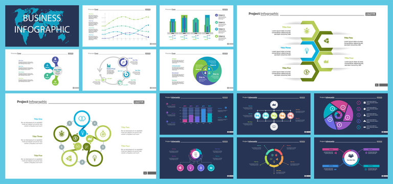 Business infographic design set can be used for workflow layout, presentation, annual report, web design. Marketing concept. Line chart, bar graph, comparison diagram, donut chart, process chart