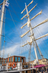 Nave Italia ship of the Italian navy with ropes and equipment on the bridge on the port of Livorno. Nave Italia is the biggest sailing brig in the world