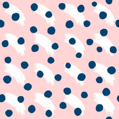 Repeating brushstrokes and round dots drawn by hand with rough brush. Watercolour seamless pattern. White, pink, blue.