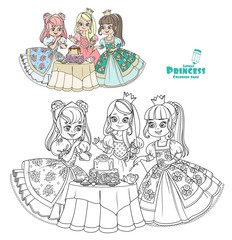 Three beautiful princesses having a tea party with a cake color and outlined for coloring book isolated on white background