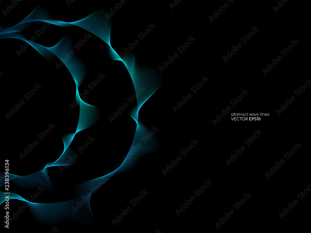 Aufkleber Wave circle line and curve pattern flowing in blue green color isolated on black background. Vector graphic in concept of music, technology.