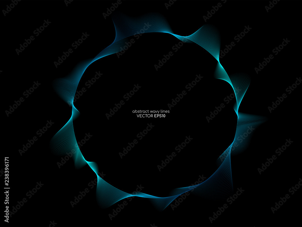 Aufkleber Wave circle line and curve pattern flowing in blue green color isolated on black background. Vector graphic in concept of music, technology.