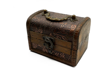 Decorated wooden small treasure chest, jewelry box. Isolated on white background. 