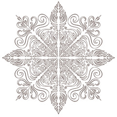 Snowflake Christmas illusration. Adult coloring page or temporary tattoo. Creative New Year snowflake print.