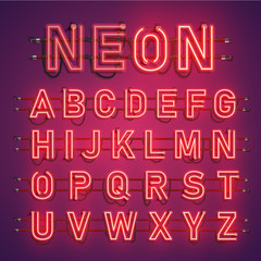 Realistic neon font with wires and console, vector illustration