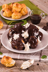 Chocolate profiteroles.